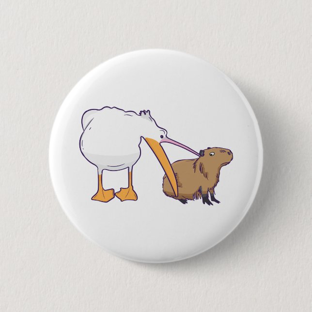 Pelican Tries to Eat Capybara Funny Cute Kawaii Button (Front)