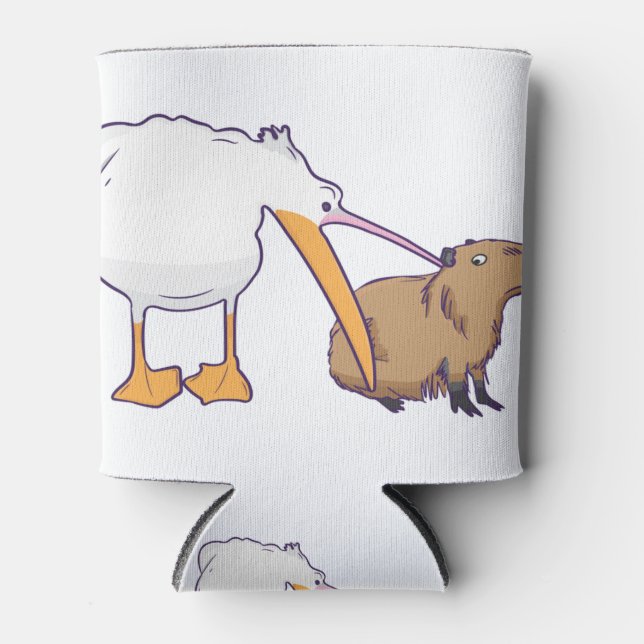 Pelican Tries to Eat Capybara Funny Cute Kawaii Can Cooler (Front)