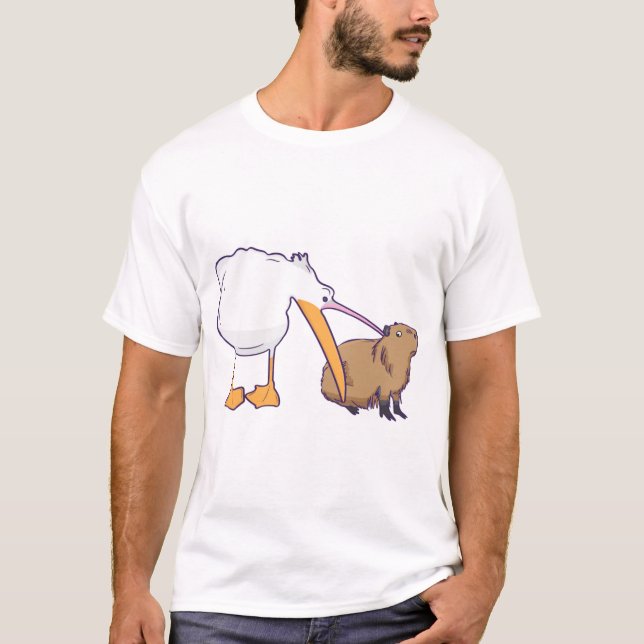 Pelican Tries to Eat Capybara Funny Cute Kawaii T-Shirt (Front)