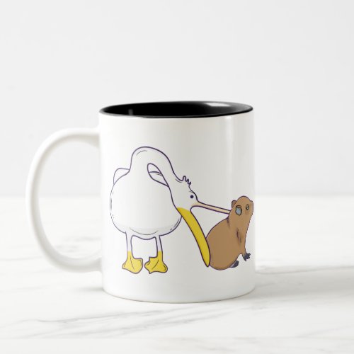 Pelican Tries to Eat Capybara Funny Cute Kawaii Two_Tone Coffee Mug