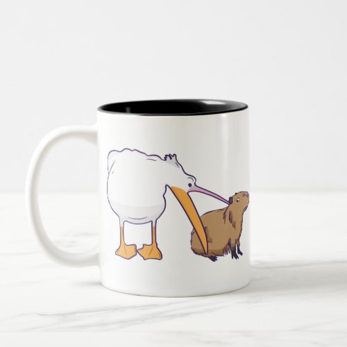 Pelican Tries to Eat Capybara Funny Cute Kawaii Two_Tone Coffee Mug