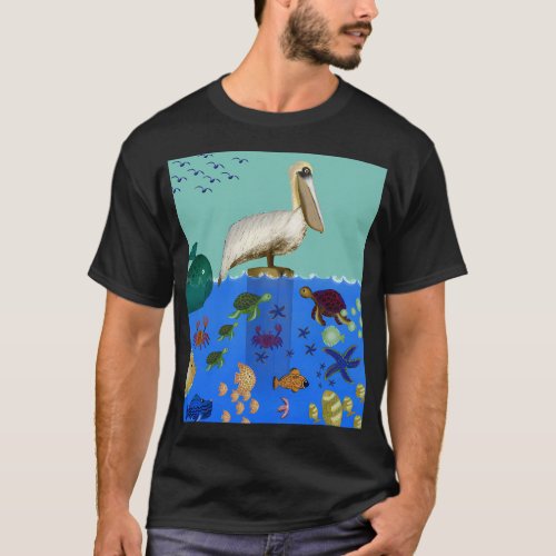 Pelican’s Coastal View Whimsical Sea Life Art T-Shirt