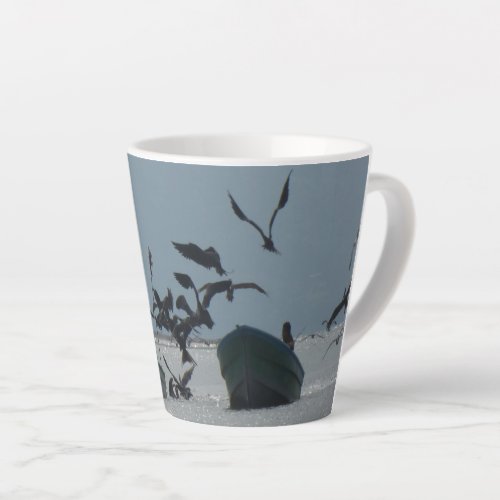 Pelicans around Fishing Boats Latte Mug