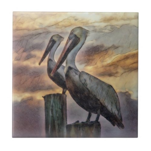 Pelicans At Sunset Ceramic Tile