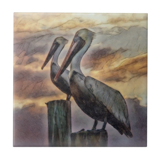 Pelicans At Sunset Ceramic Tile (Front)