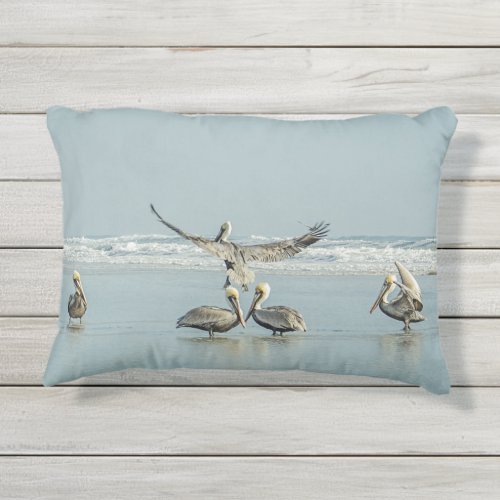 Pelicans Beach Ocean Blue Outdoor Accent Pillow