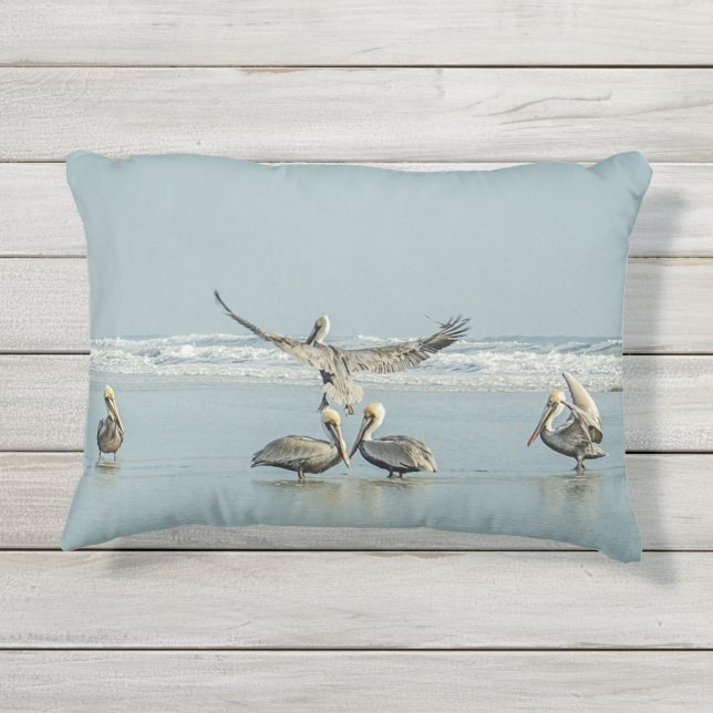 Pelicans Beach Ocean Blue Outdoor Accent Pillow (Back)