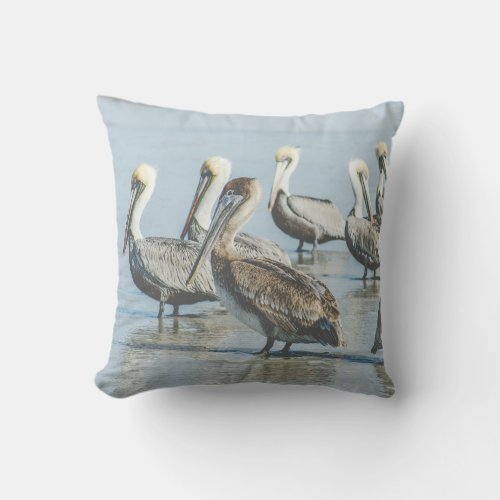 Pelicans Beach Ocean Blue Outdoor Throw Pillow