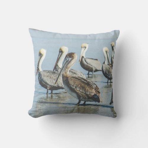 Pelicans Beach Ocean Blue Throw Pillow