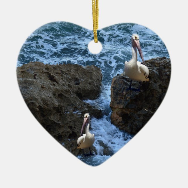 Pelicans On Sea Rocks, Ceramic Ornament (Front)