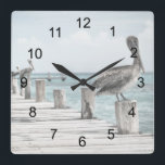 Pelicans On The Pier Square Wall Clock<br><div class="desc">Beautiful pelicans line the pier,  on these wonderful wall clocks. You pick the style square or round.</div>