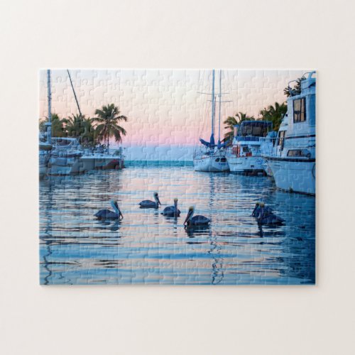 Pelicans palm trees boats in Florida Keys Jigsaw Puzzle