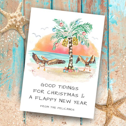 Pelicans  Palm Tropical Beach Coastal Christmas Holiday Card