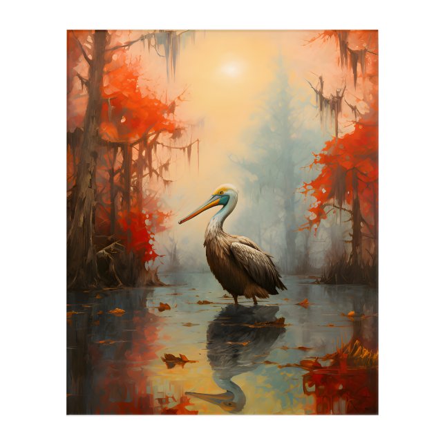 Pelican's Passage: Autumn's Elegance in the Bayou Acrylic Print (Front)