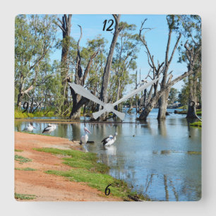 Pelicans Sunbaking River Murray, Wall Clock
