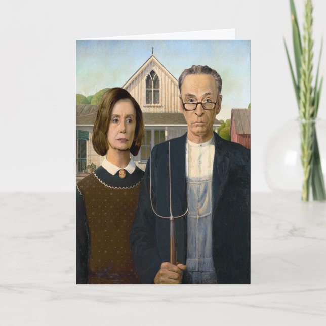 Pelosi and Schumer American Gothic Holiday Card (Front)