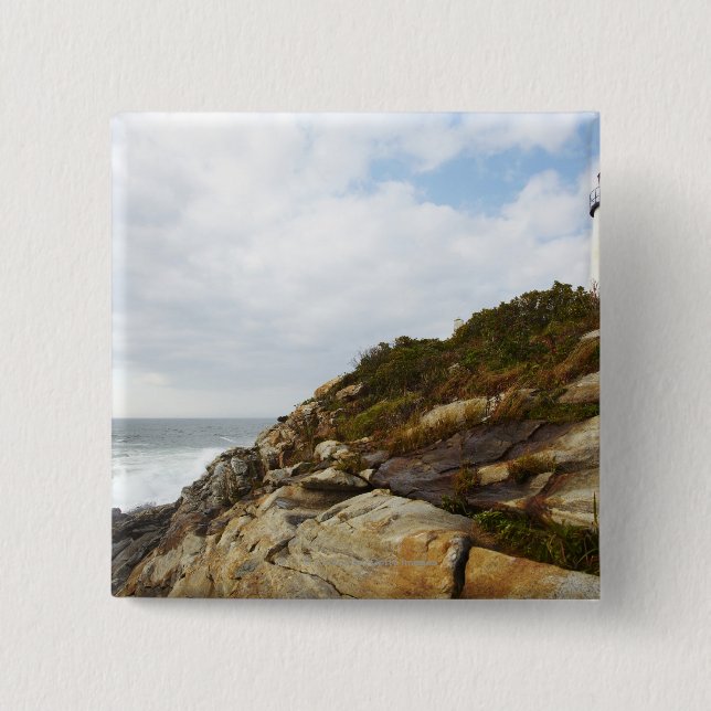 Pemaquid Point Lighthouse on a Rocky Hillside Pinback Button (Front)