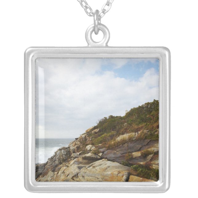 Pemaquid Point Lighthouse on a Rocky Hillside Silver Plated Necklace (Front)