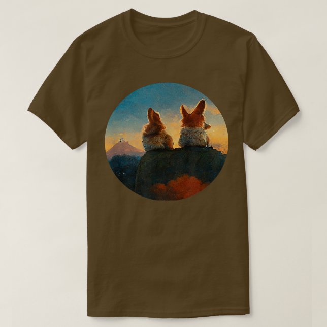 Pembroke Cardigan Welsh Corgi Dogs Sunset Watching T-Shirt (Design Front)