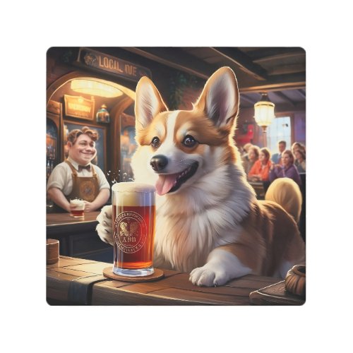 Pembroke Corgi Drinking a Beer at the Pub Metal Print