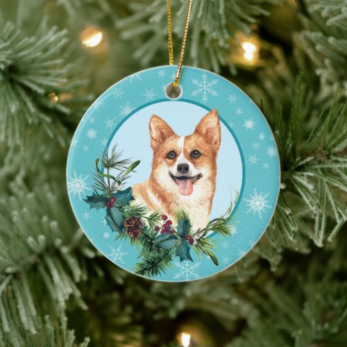 Pembroke Corgi Evergreen Blue Snowflake Border Ceramic Ornament