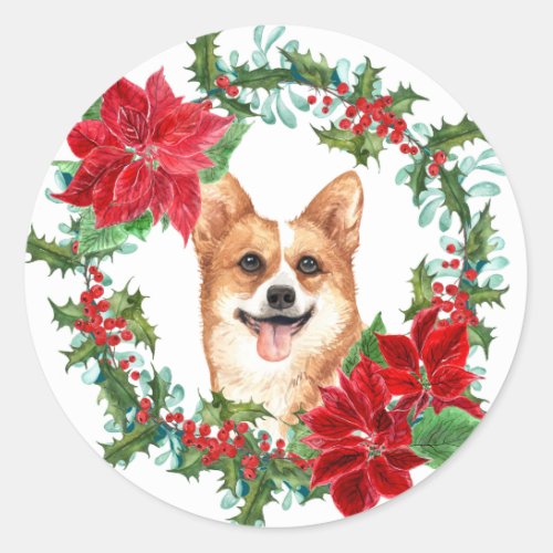 Pembroke Corgi Poinsettia Holly Holiday Wreath Classic Round Sticker