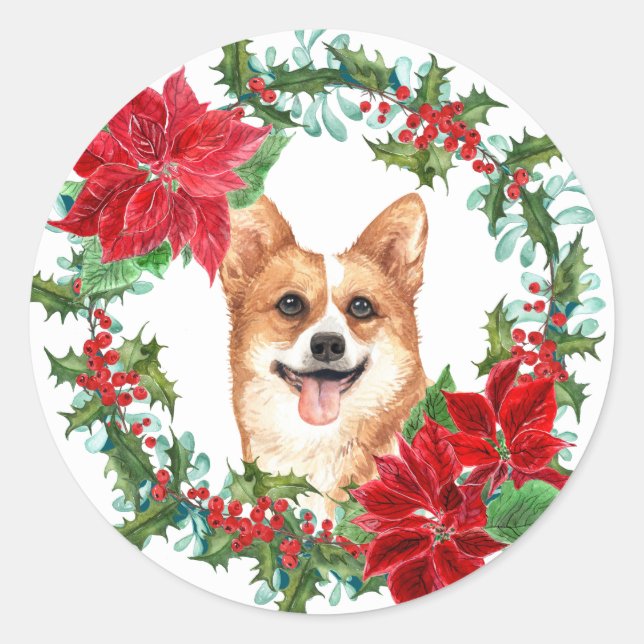 Pembroke Corgi Poinsettia Holly Holiday Wreath Classic Round Sticker (Front)