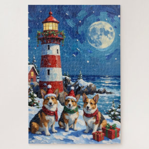 Pembroke Welsh Corgi Christmas Lighthouse Holiday Jigsaw Puzzle