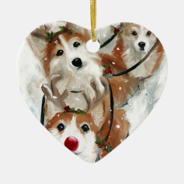 pembroke welsh Corgi Christmas Reindeer Ceramic Ornament (Front)