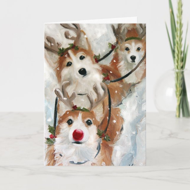 Pembroke Welsh Corgi Christmas Reindeer Holiday Card (Front)