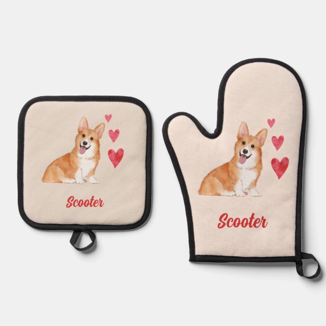 Pembroke Welsh Corgi Customizable Pet Name Oven Mitt & Pot Holder Set (Front)
