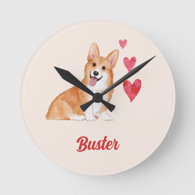Pembroke Welsh Corgi Customizable Pet Name Round Clock (Front)