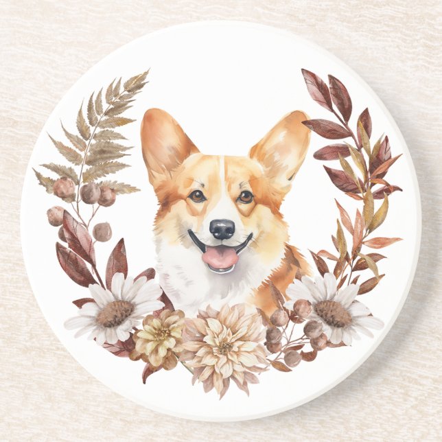 Pembroke Welsh Corgi Dog Autumn Wreath Coaster (Front)