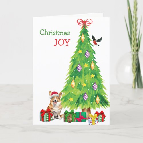 Pembroke Welsh Corgi Dog Bird and Christmas Tree Holiday Card