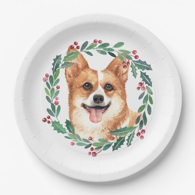 Pembroke Welsh Corgi Dog Elegant Christmas Holiday Paper Plates (Front)
