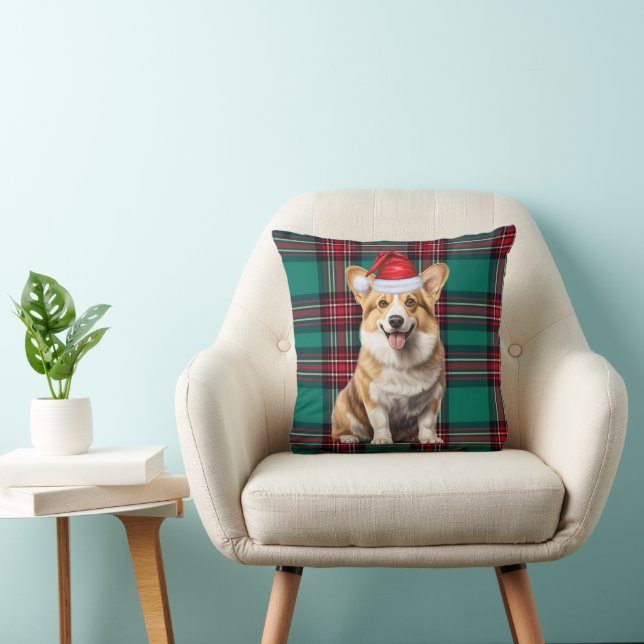 Pembroke Welsh Corgi Dog Green Plaid Christmas Throw Pillow (Chair)