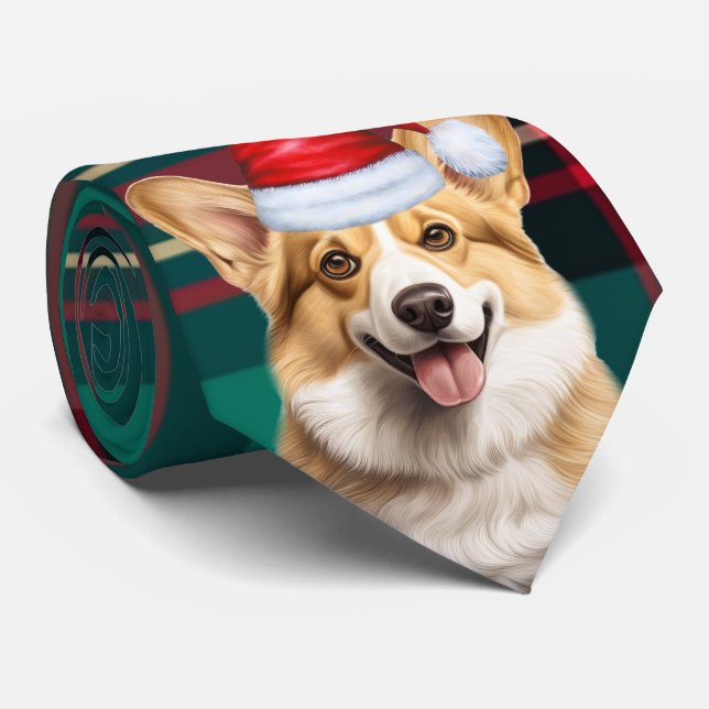 Pembroke Welsh Corgi Dog Holiday Plaid Christmas Neck Tie (Rolled)