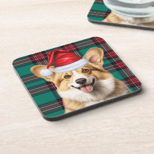 Pembroke Welsh Corgi Dog Red Green Holiday Plaid Beverage Coaster