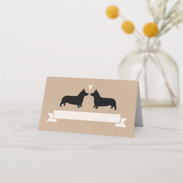 Pembroke Welsh Corgi Dog Silhouettes Wedding Place Card (Front)
