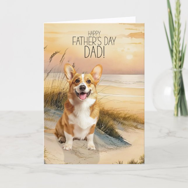 Pembroke Welsh Corgi Dog Sunset Beach Father's Day Holiday Card (Front)
