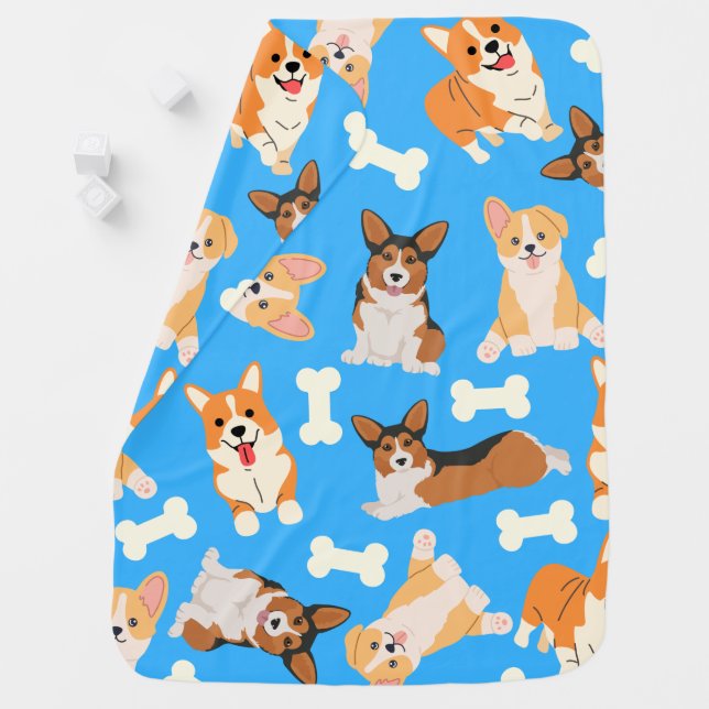 Pembroke Welsh Corgi Pattern Blue  Baby Blanket (In Situ)