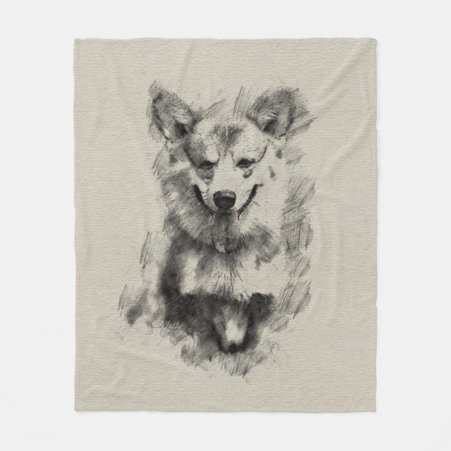 Pembroke Welsh Corgi Pencil Sketch Fleece Blanket (Front)