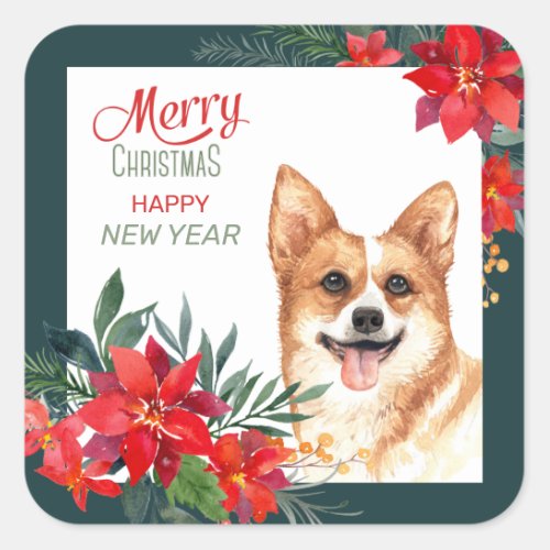 Pembroke Welsh Corgi Poinsettia Border Christmas Square Sticker