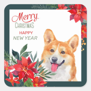 Pembroke Welsh Corgi Poinsettia Bouquet Christmas Square Sticker