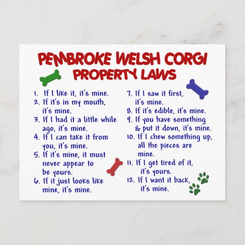 PEMBROKE WELSH CORGI Property Laws 2 Postcard