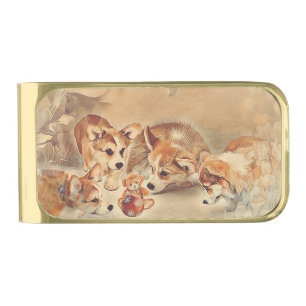 Pembroke Welsh Corgi Puppies Gold Finish Money Clip