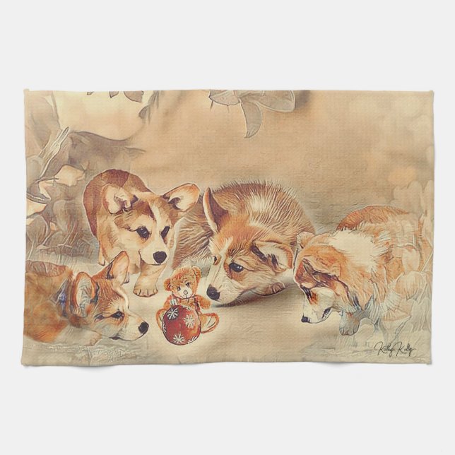 Pembroke Welsh Corgi Puppies Kitchen Towel (Horizontal)
