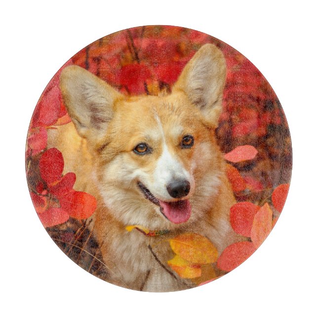 Pembroke Welsh Corgi Puppy Dog in Red Leaves Cutting Board (Front)