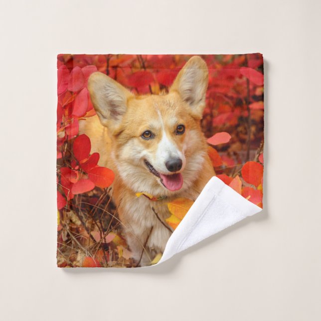Pembroke Welsh Corgi Puppy Dog in Red Leaves Wash Cloth (Wash Cloth)