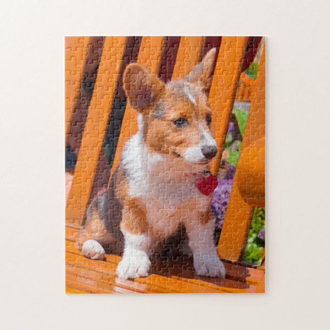 Pembroke Welsh Corgi puppy sitting in park bench Jigsaw Puzzle (Vertical)